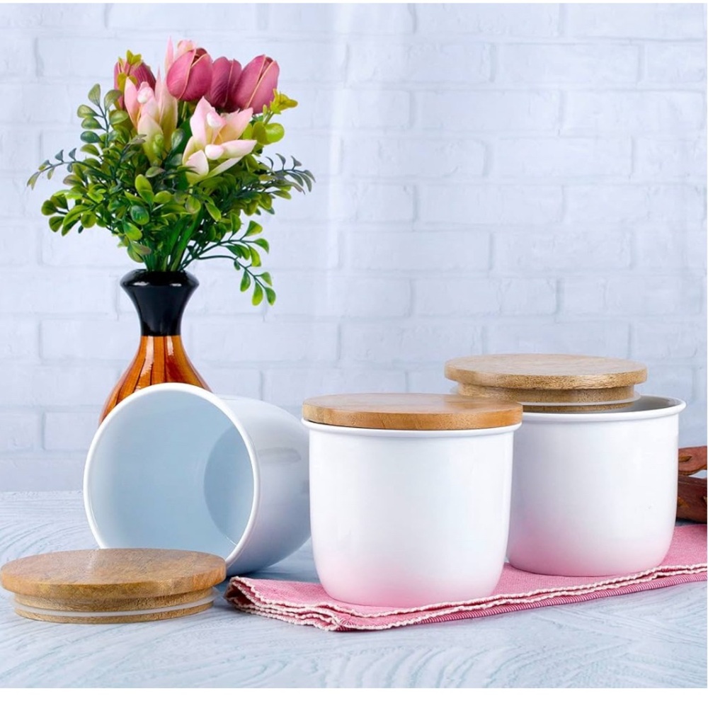 White Ceramic Canisters with Wooden Lids